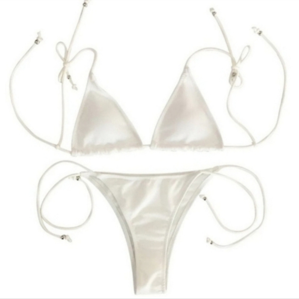 New White Ribbed Tie Shoulder Tie Side Triangle Bikini Set Swimsuit Size XL - Picture 3 of 5